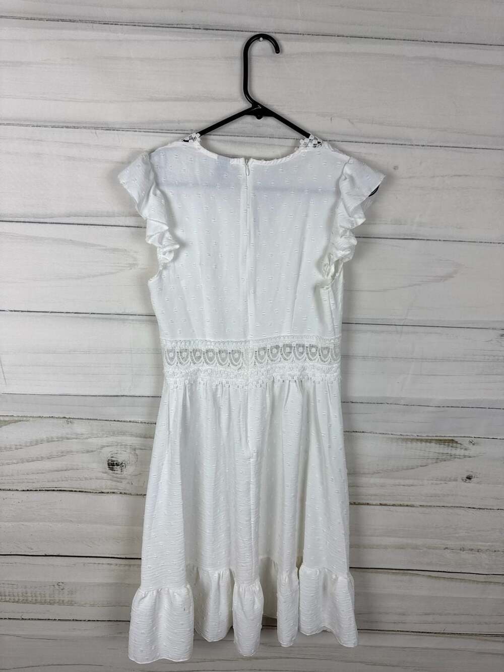 EMERY ROSE White Pointelle Ruffle Flutter Sleeve Crochet Lace Inset Mini Dress - Picture 4 of 4